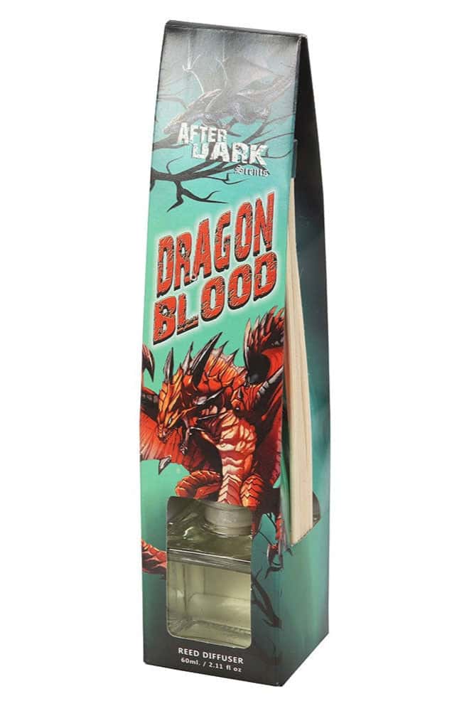 Dragon blood reed diffuser in teal and black box with red dragon illustration for aromatic home fragrance